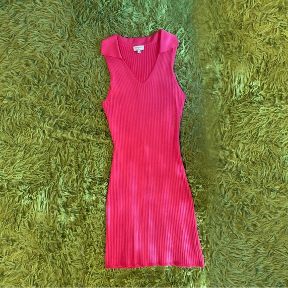 Crown & Ivy ‘Cabana’ Hot Pink Sleeveless Collared Rib Sweater Dress - Picture 1 of 8